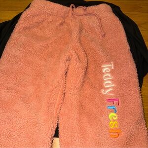 Teddy Fresh Coral Sherpa Pants with Multicolor Embroidery
